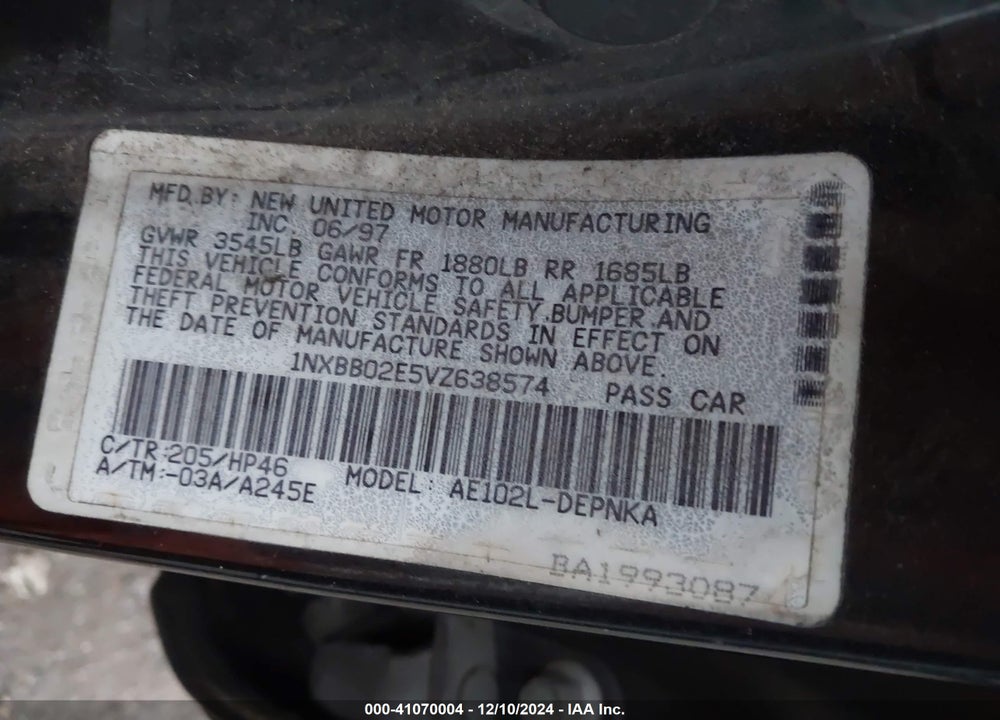 1997 TOYOTA COROLLA DX VIN: 1NXBB02E5VZ638574