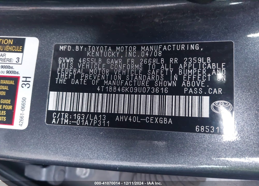 2009 TOYOTA CAMRY HYBRID VIN: 4T1BB46K09U073616