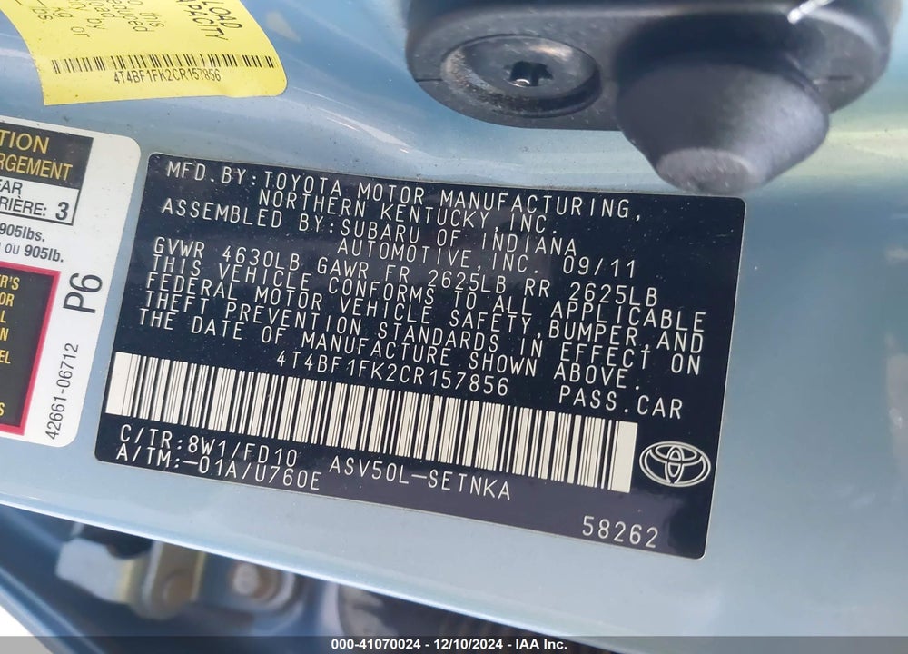 2012 TOYOTA CAMRY LE VIN: 4T4BF1FK2CR157856
