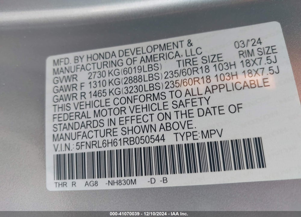 2024 HONDA ODYSSEY EX-L VIN: 5FNRL6H61RB050544