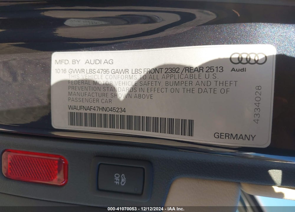 2017 AUDI A4 2.0T PREMIUM VIN: WAUFNAF47HN045234