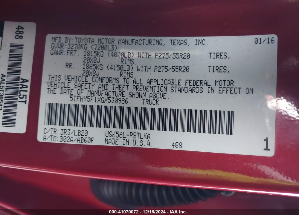 2016 TOYOTA TUNDRA LIMITED 5.7L V8 VIN: 5TFHY5F1XGX530986