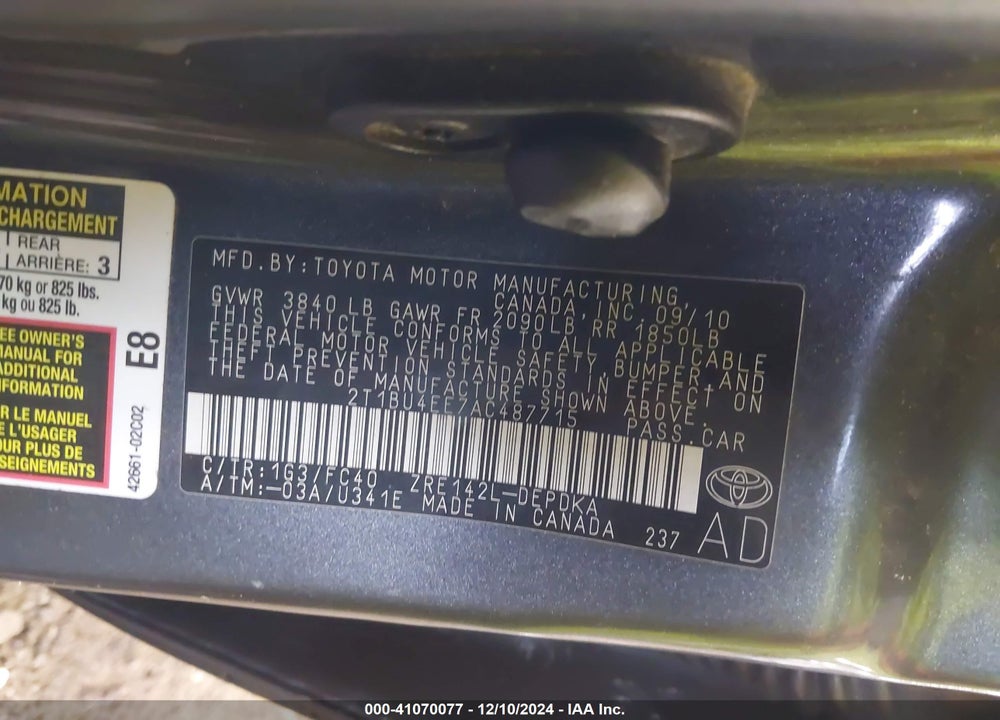 2010 TOYOTA COROLLA LE VIN: 2T1BU4EE7AC487715