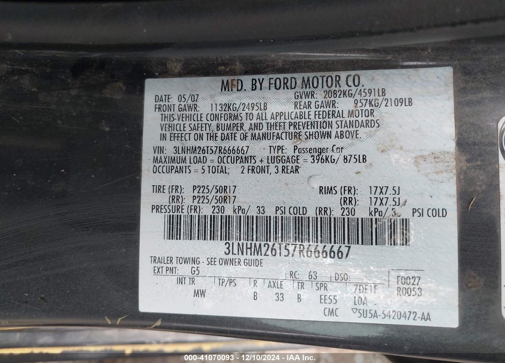 2007 LINCOLN MKZ VIN: 3LNHM26T57R666667
