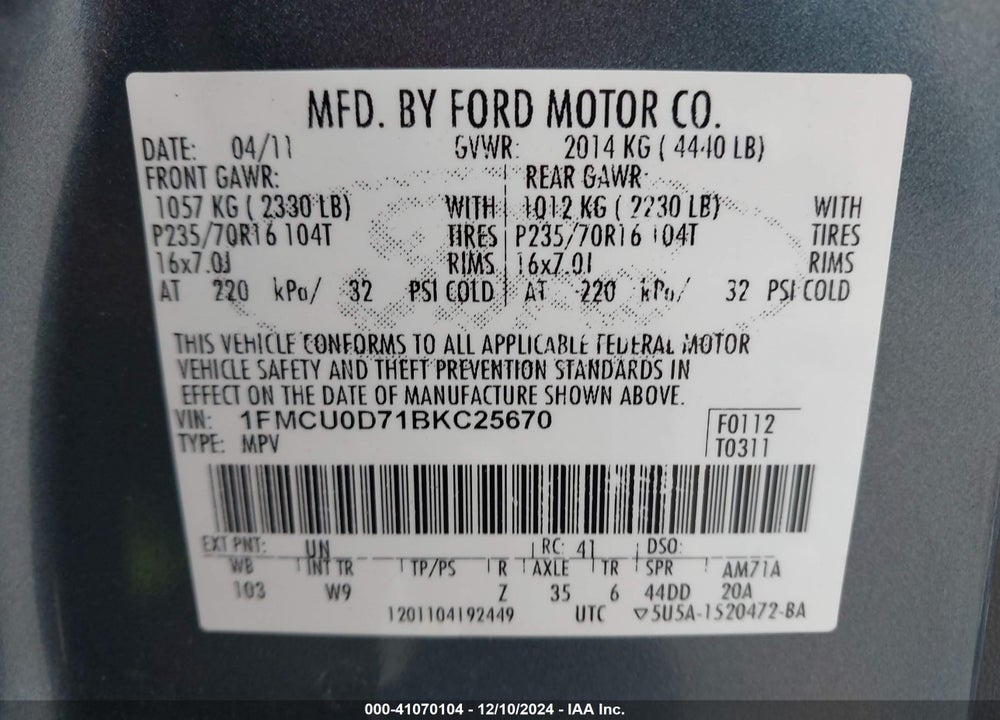2011 FORD ESCAPE XLT VIN: 1FMCU0D71BKC25670