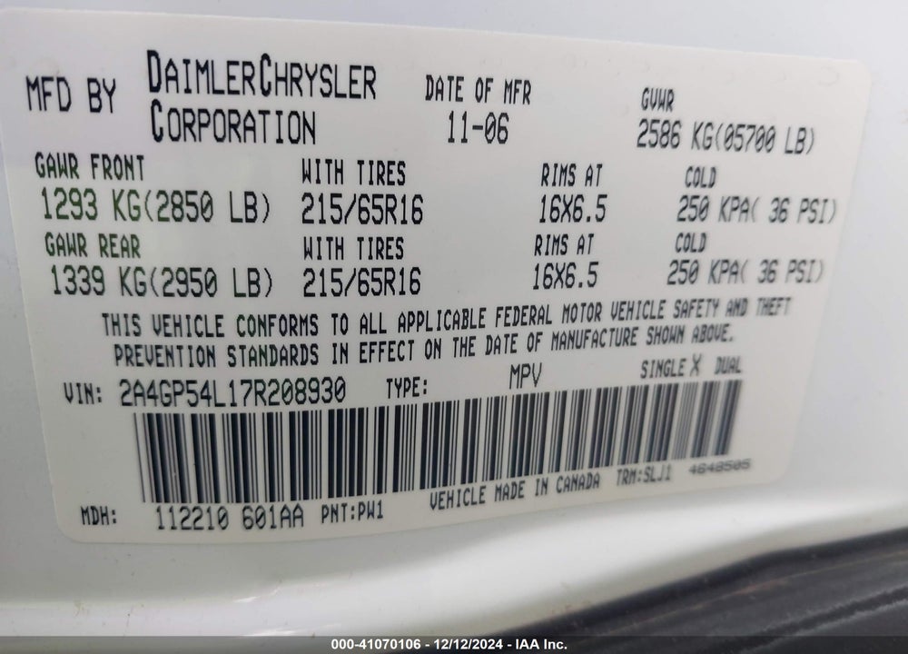 2007 CHRYSLER TOWN & COUNTRY TOURING VIN: 2A4GP54L17R208930
