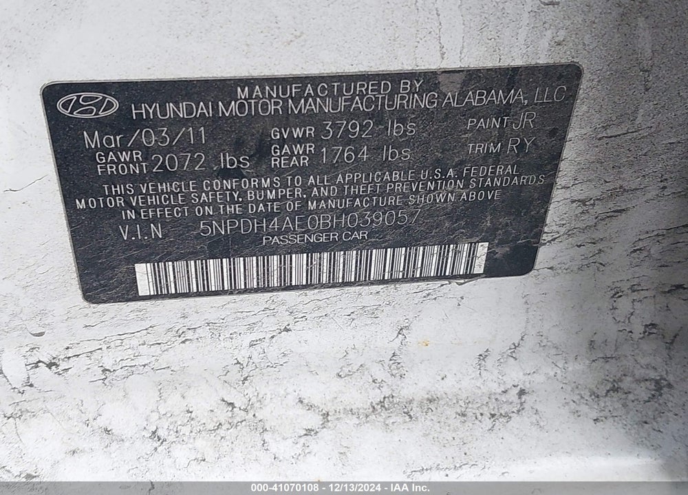 2011 HYUNDAI ELANTRA LIMITED VIN: 5NPDH4AE0BH039057