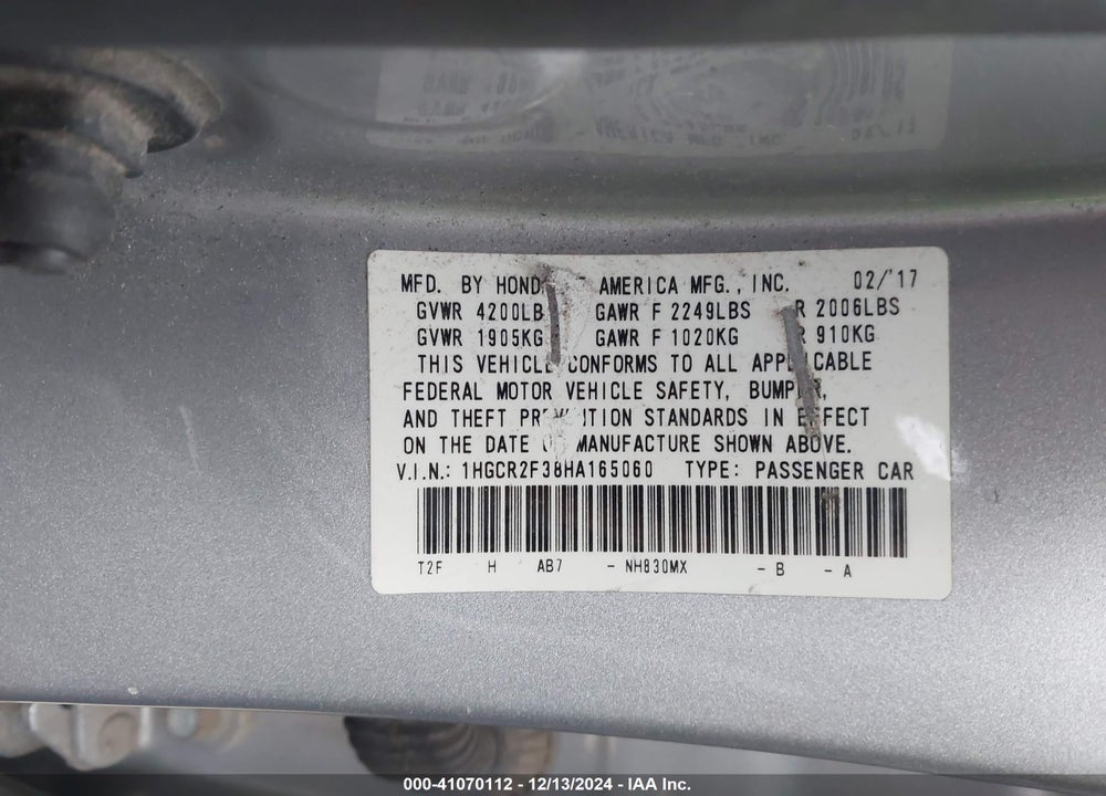 2017 HONDA ACCORD VIN: 1HGCR2F38HA165060
