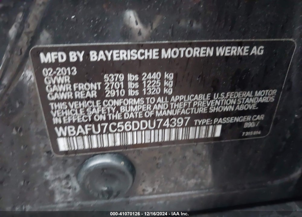 2013 BMW 535I XDRIVE VIN: WBAFU7C56DDU74397