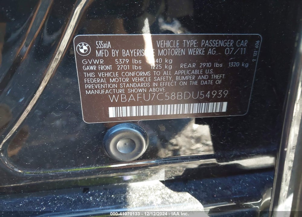 2011 BMW 535I XDRIVE VIN: WBAFU7C58BDU54939