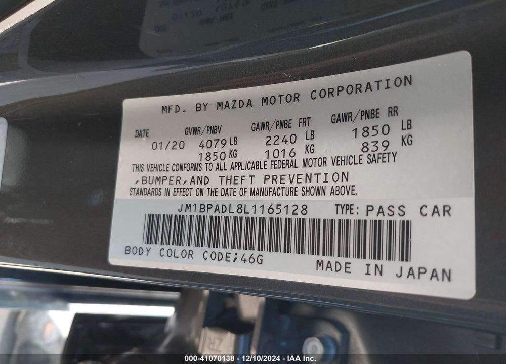 2020 MAZDA 3 PREFERRED PACKAGE VIN: JM1BPADL8L1165128
