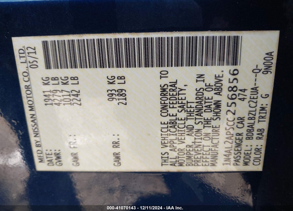 2012 NISSAN ALTIMA 2.5 S VIN: 1N4AL2AP5CC256856