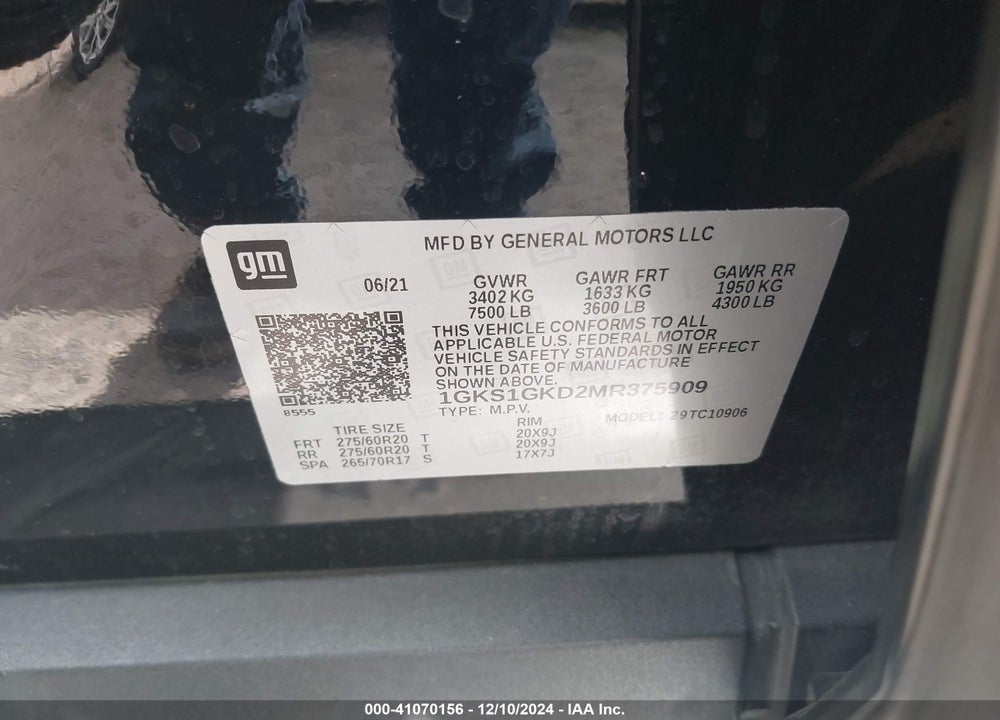 2021 GMC YUKON XL 2WD SLT VIN: 1GKS1GKD2MR375909