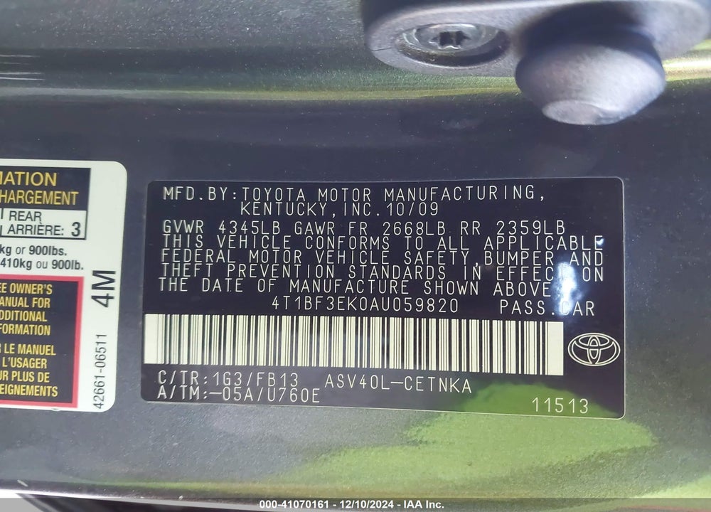 2010 TOYOTA CAMRY VIN: 4T1BF3EK0AU059820
