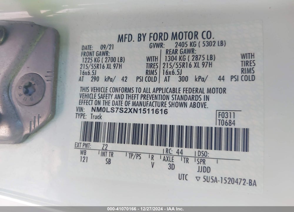2022 FORD TRANSIT CONNECT XL CARGO VAN VIN: NM0LS7S2XN1511616