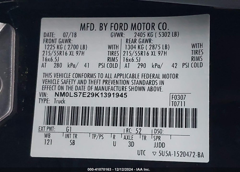2019 FORD TRANSIT CONNECT XL VIN: NM0LS7E29K1391945