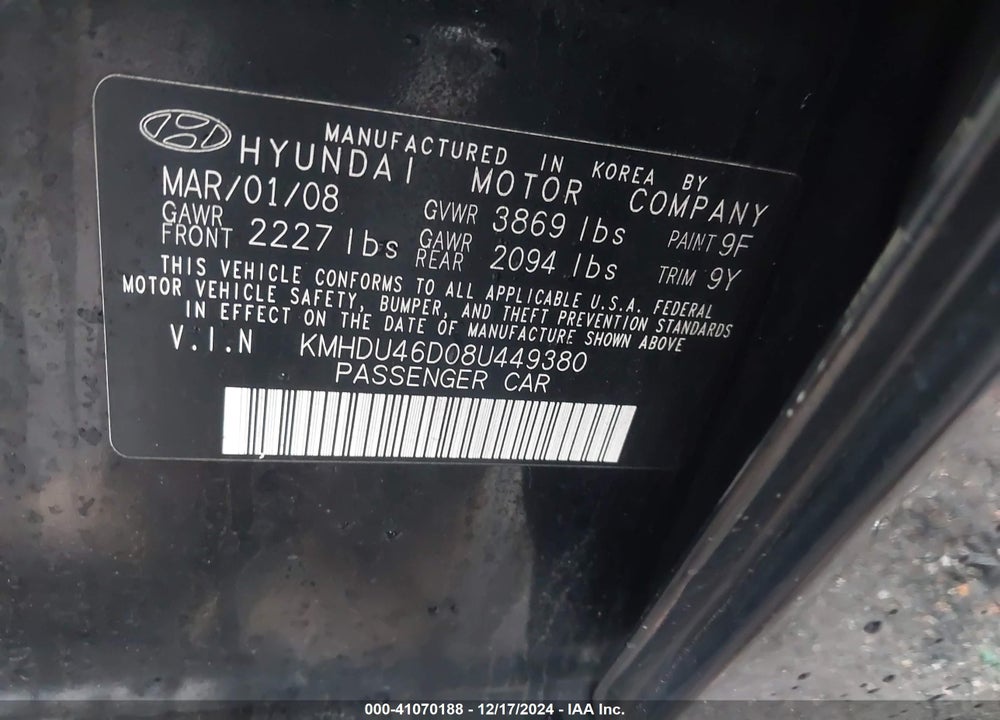 2008 HYUNDAI ELANTRA GLS/SE VIN: KMHDU46D08U449380