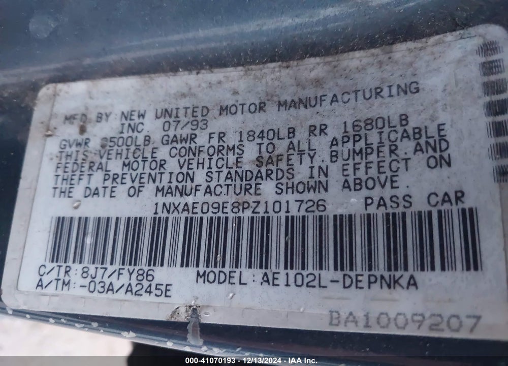 1993 TOYOTA COROLLA LE/DX VIN: 1NXAE09E8PZ101726