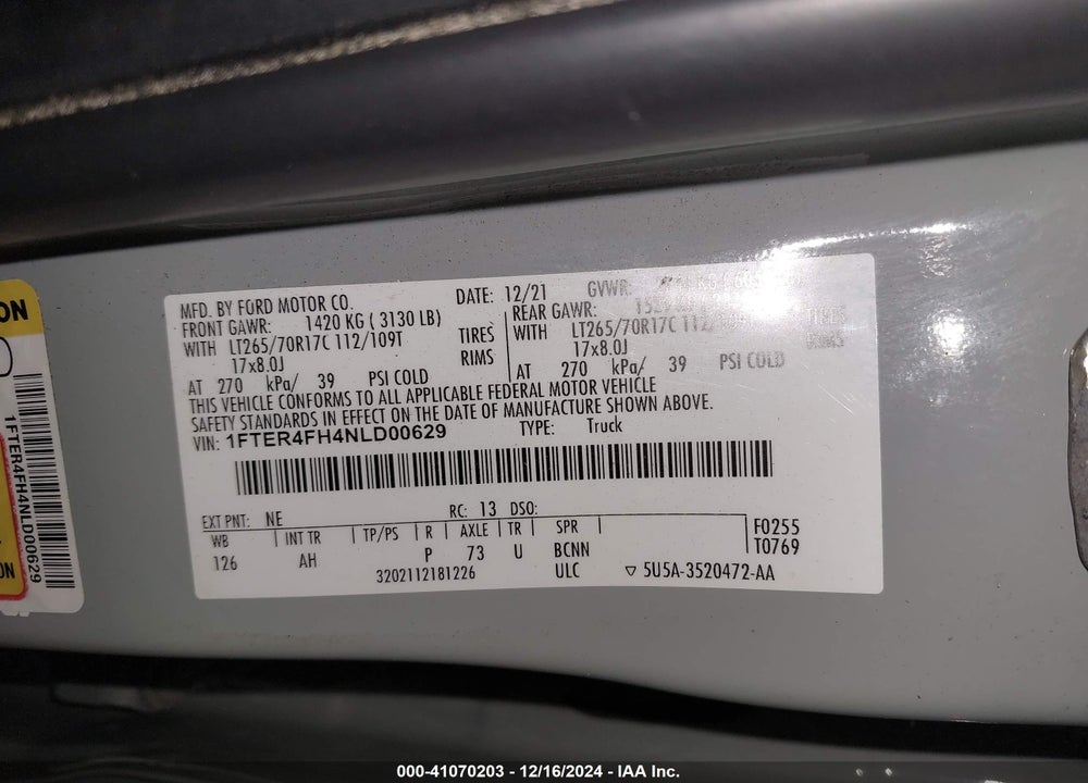 2022 FORD RANGER XLT VIN: 1FTER4FH4NLD00629