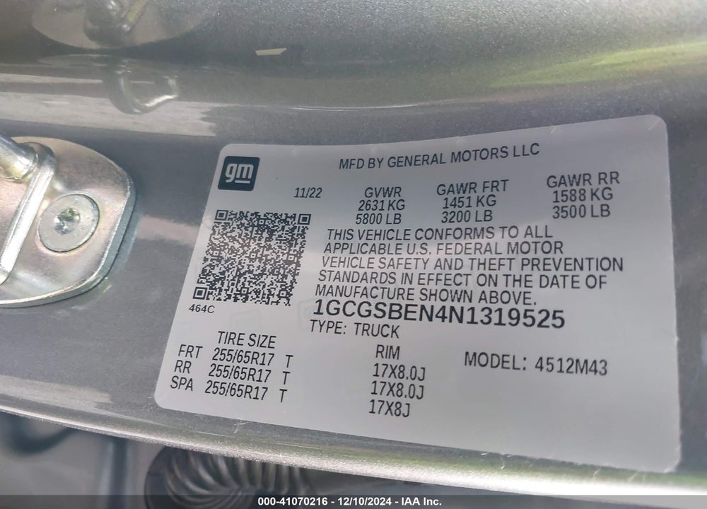 2022 CHEVROLET COLORADO VIN: 1GCGSBEN4N1319525