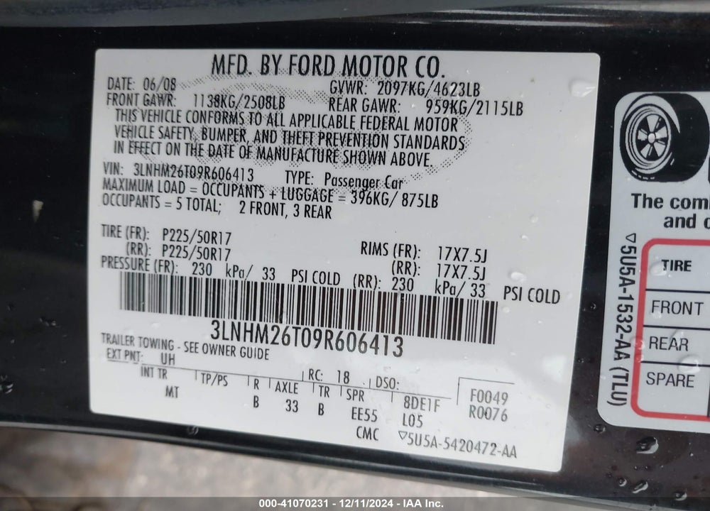 2009 LINCOLN MKZ VIN: 3LNHM26T09R606413