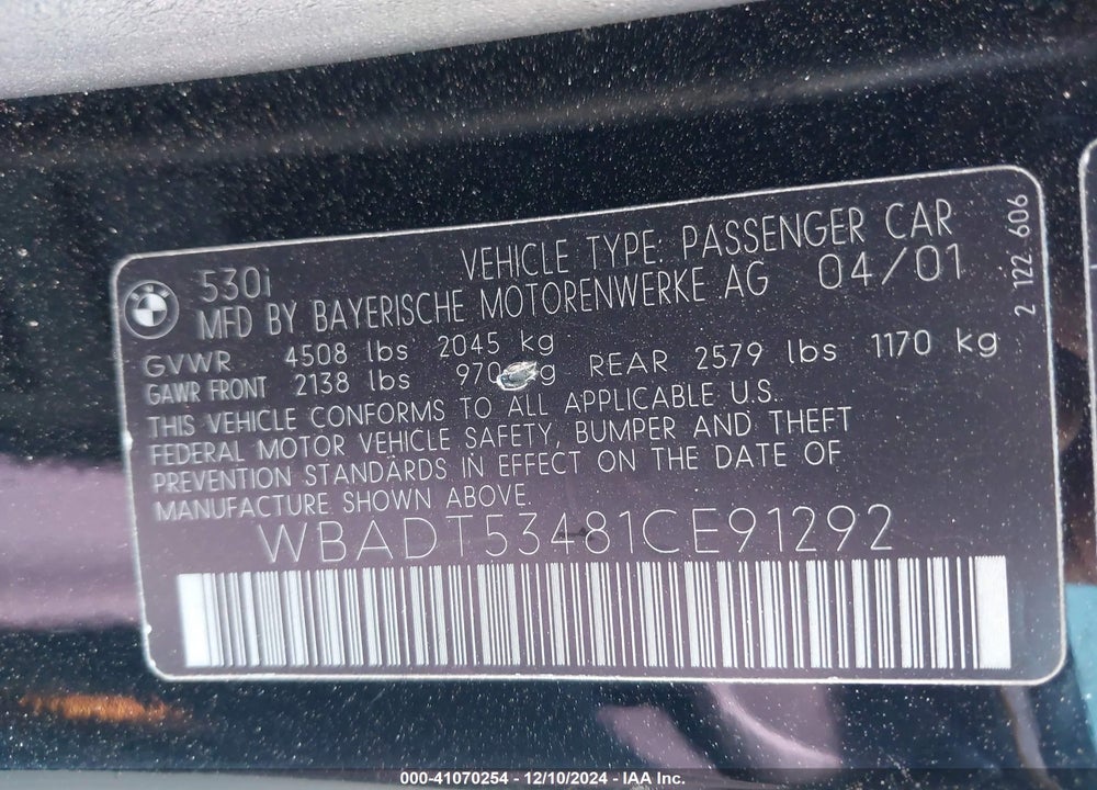 2001 BMW 530I VIN: WBADT53481CE91292
