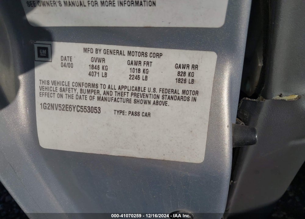 2000 PONTIAC GRAND AM GT1 VIN: 1G2NV52E6YC553053