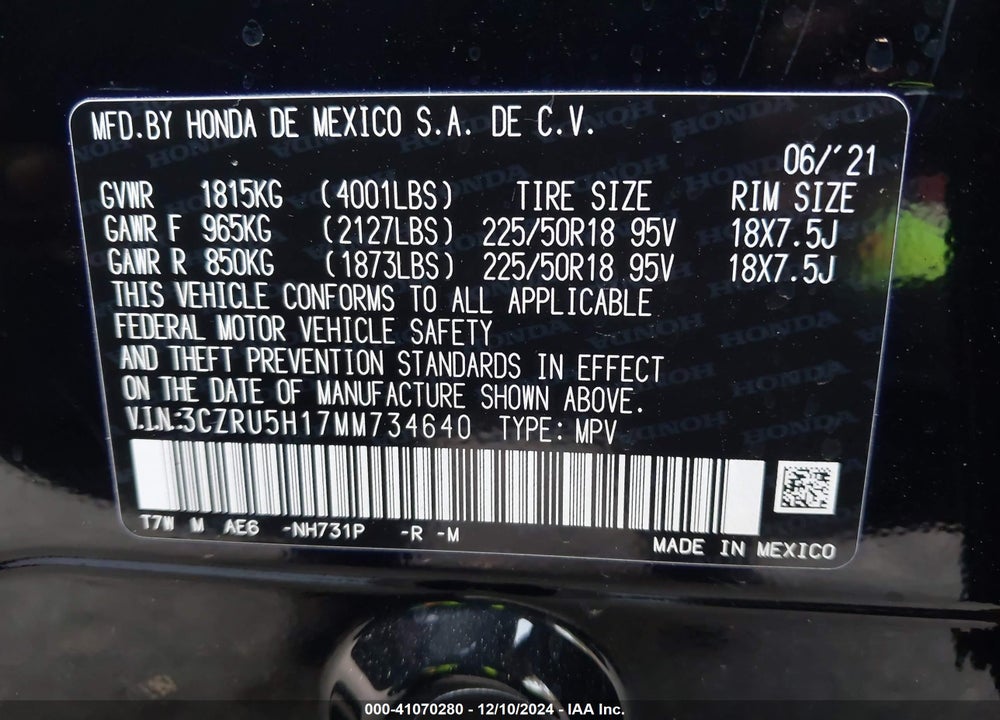 2021 HONDA HR-V 2WD SPORT VIN: 3CZRU5H17MM734640