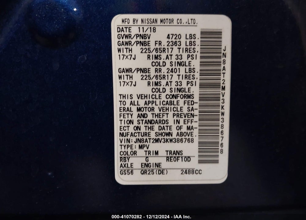 2019 NISSAN ROGUE SV VIN: JN8AT2MV3KW386768