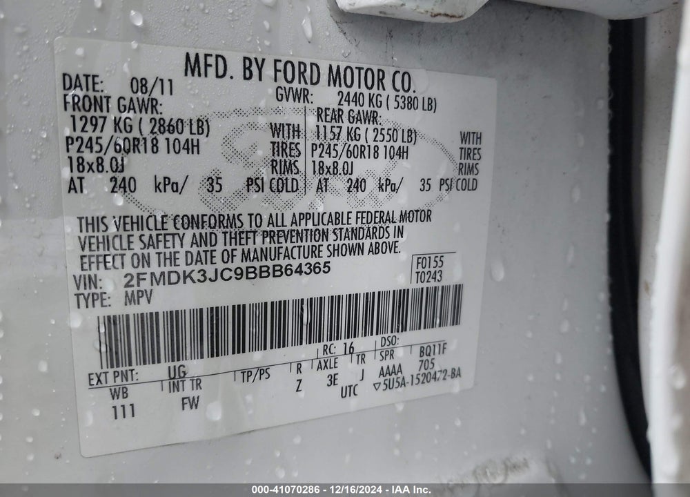 2011 FORD EDGE SEL VIN: 2FMDK3JC9BBB64365