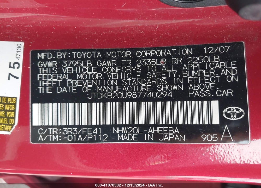 2008 TOYOTA PRIUS VIN: JTDKB20U987740294