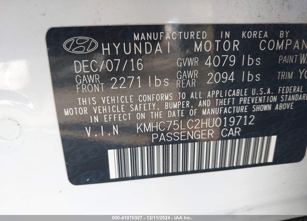 2017 HYUNDAI IONIQ HYBRID SEL VIN: KMHC75LC2HU019712
