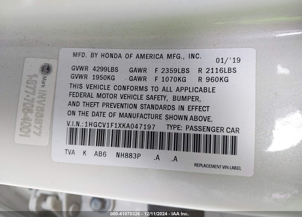 2019 HONDA ACCORD LX VIN: 1HGCV1F1XKA047197