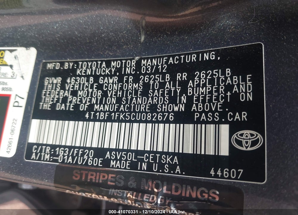 2012 TOYOTA CAMRY SE VIN: 4T1BF1FK5CU082676