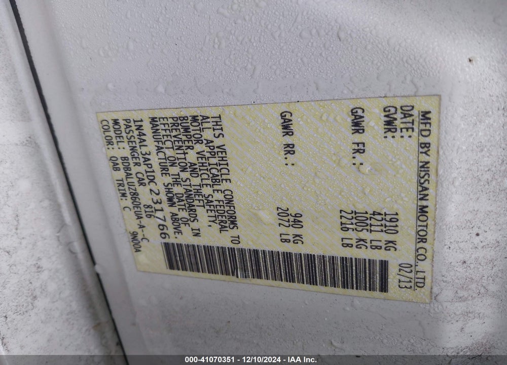2013 NISSAN ALTIMA 2.5 SV VIN: 1N4AL3AP1DC231766