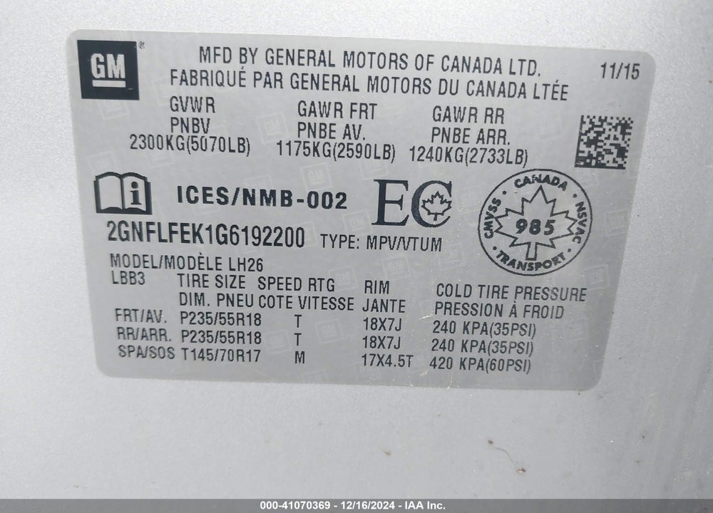 2016 CHEVROLET EQUINOX LT VIN: 2GNFLFEK1G6192200