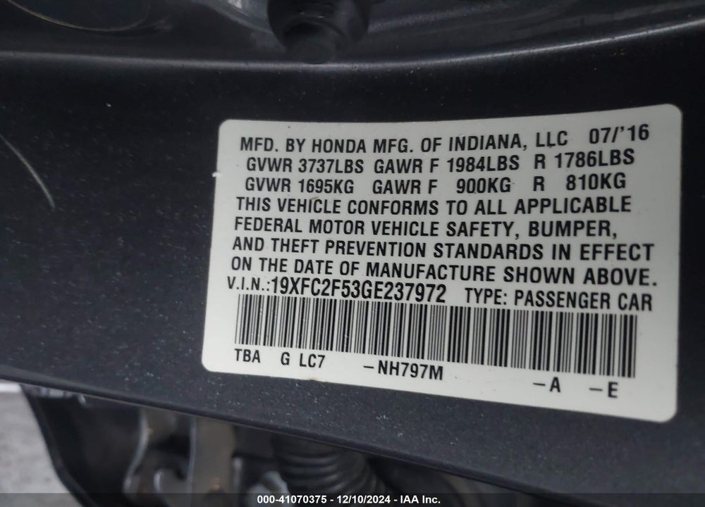 2016 HONDA CIVIC LX VIN: 19XFC2F53GE237972