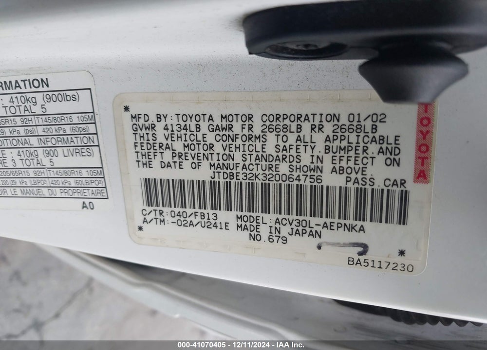 2002 TOYOTA CAMRY LE VIN: JTDBE32K320064756