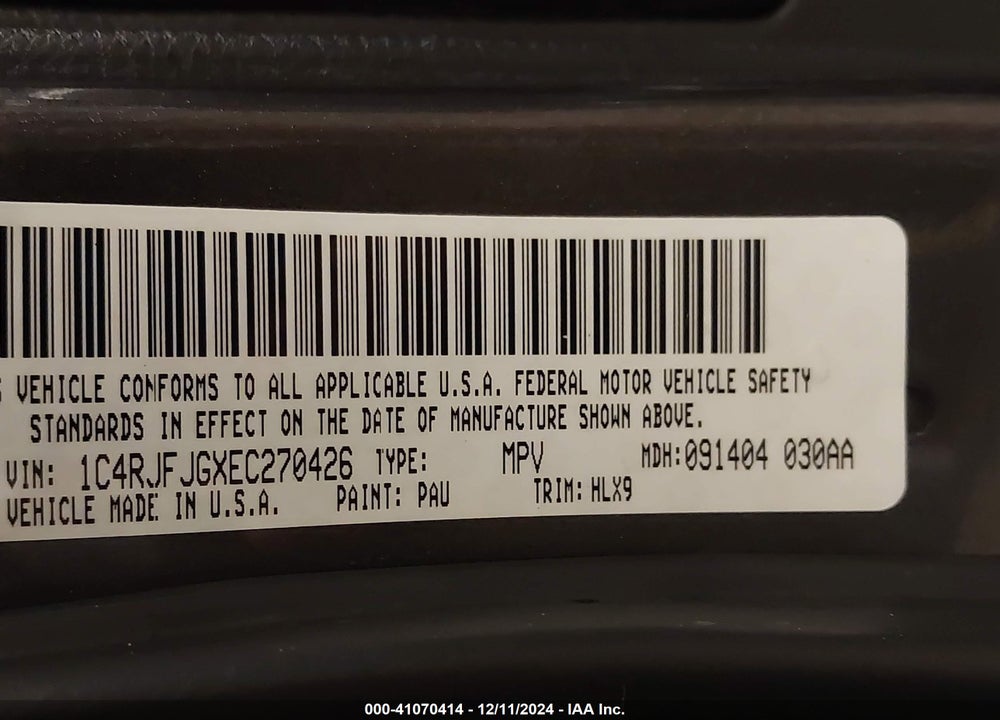 2014 JEEP GRAND CHEROKEE VIN: 1C4RJFJGXEC270426