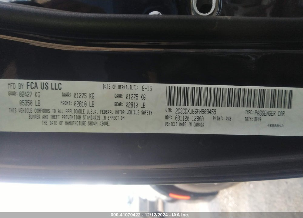 2015 DODGE CHARGER VIN: 2C3CDXJG6FH903459