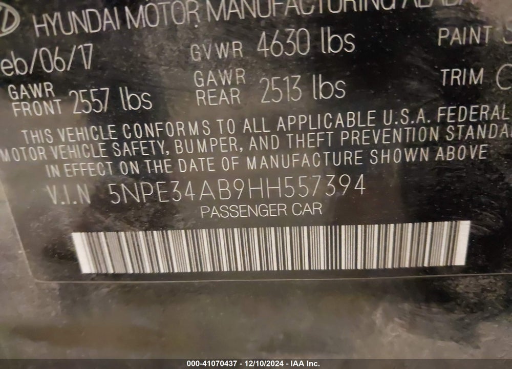 2017 HYUNDAI SONATA SPORT 2.0T VIN: 5NPE34AB9HH557394