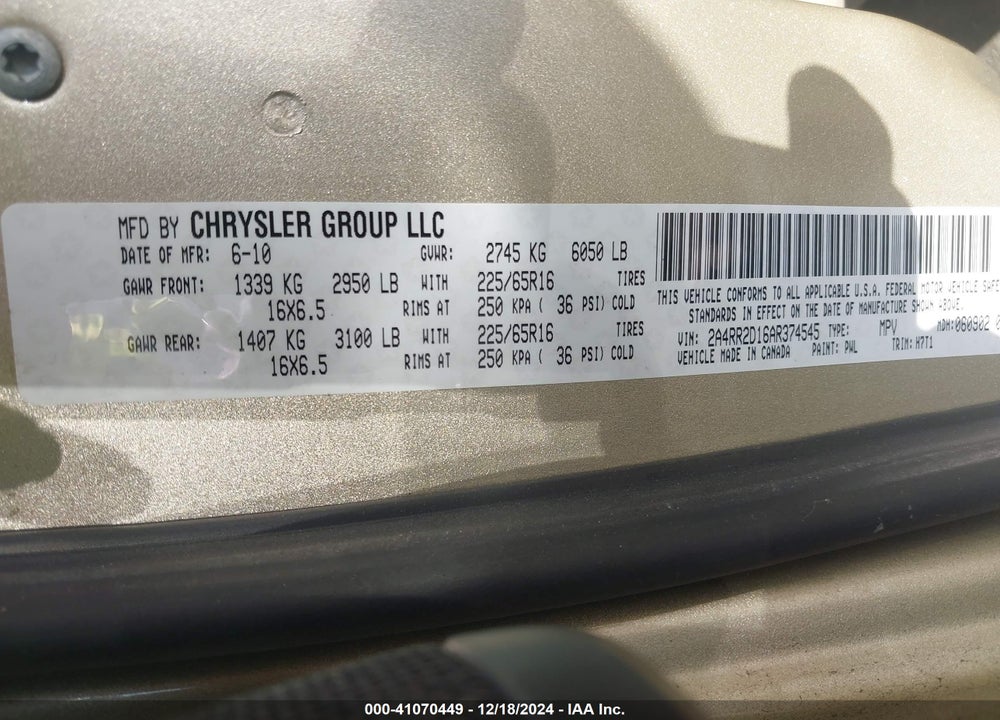 2010 CHRYSLER TOWN & COUNTRY NEW LX VIN: 2A4RR2D16AR374545