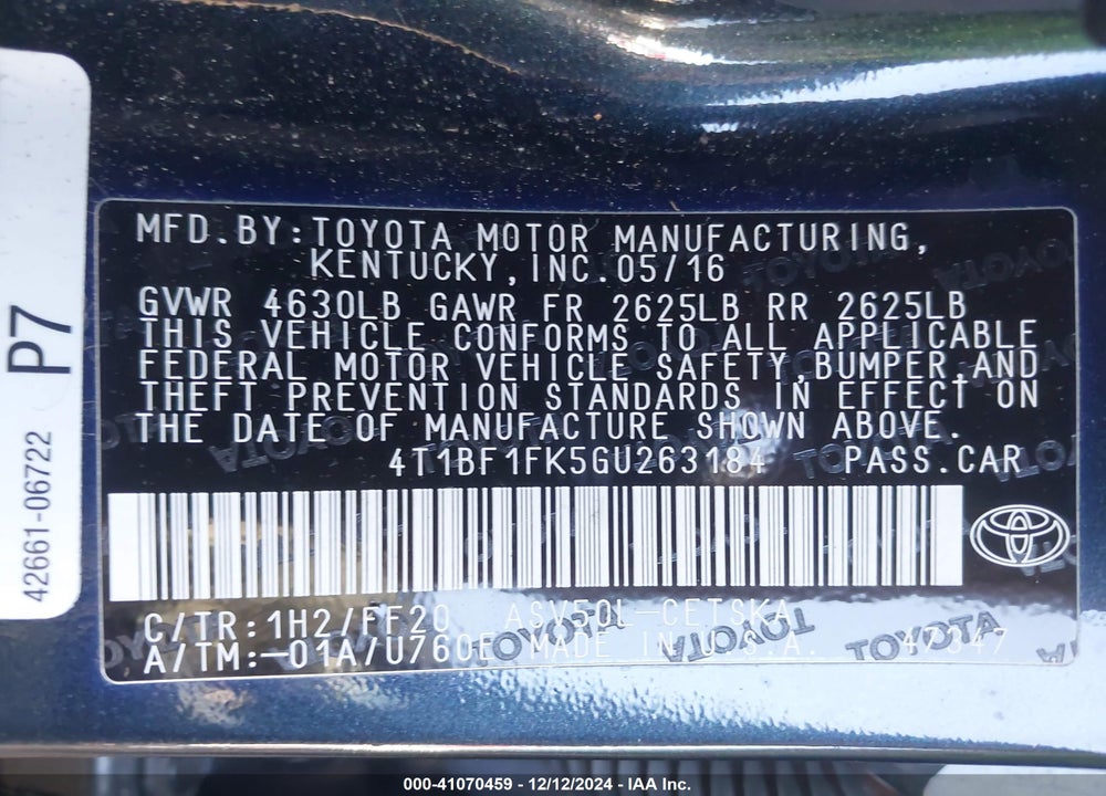 2016 TOYOTA CAMRY SE VIN: 4T1BF1FK5GU263184