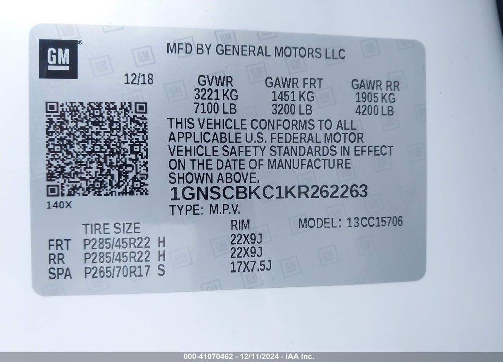 2019 CHEVROLET TAHOE LT VIN: 1GNSCBKC1KR262263