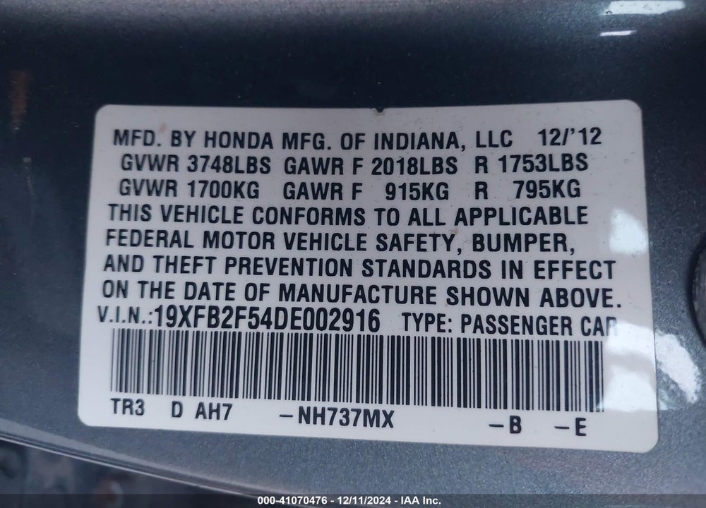2013 HONDA CIVIC VIN: 19XFB2F54DE002916