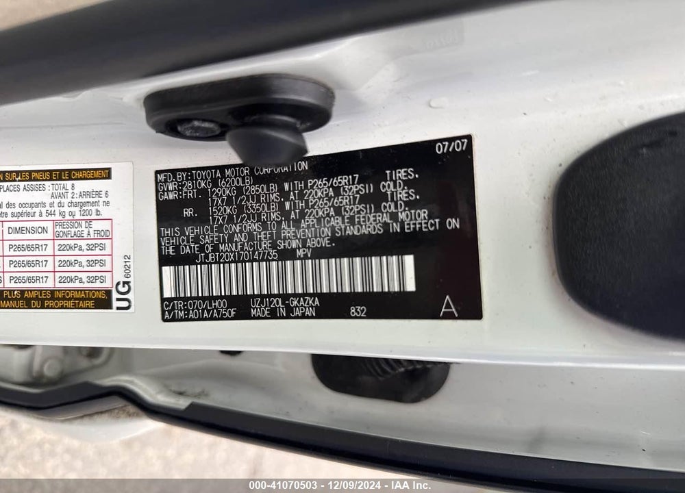 2007 LEXUS GX 470 VIN: JTJBT20X170147735
