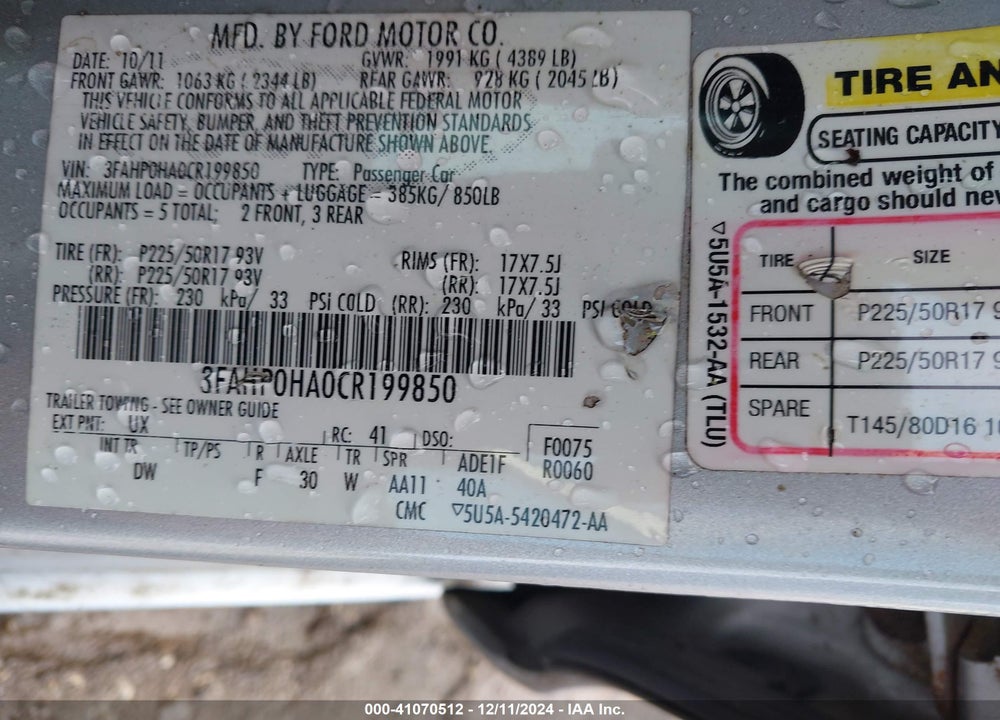 2012 FORD FUSION SE VIN: 3FAHP0HA0CR199850