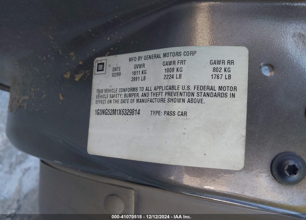1999 OLDSMOBILE CUTLASS GLS VIN: 1G3NG52M1X6329814