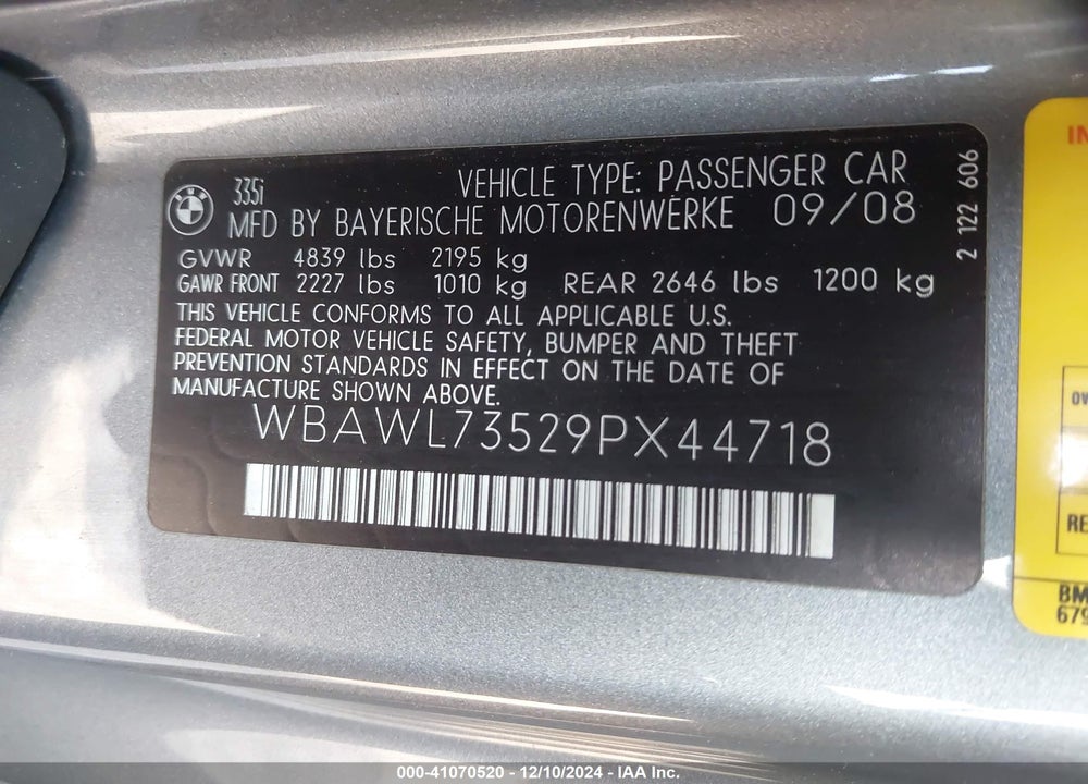 2009 BMW 335I VIN: WBAWL73529PX44718