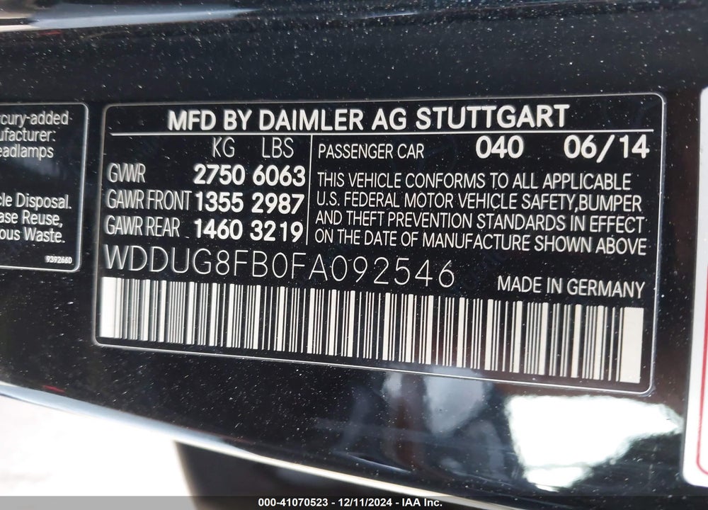 2015 MERCEDES-BENZ S 550 4MATIC VIN: WDDUG8FB0FA092546